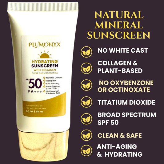 Mineral Sunscreen SPF 50+ | Collagen + Zinc | Reef Safe, No White Cast, Clean & Hydrating Face Protection