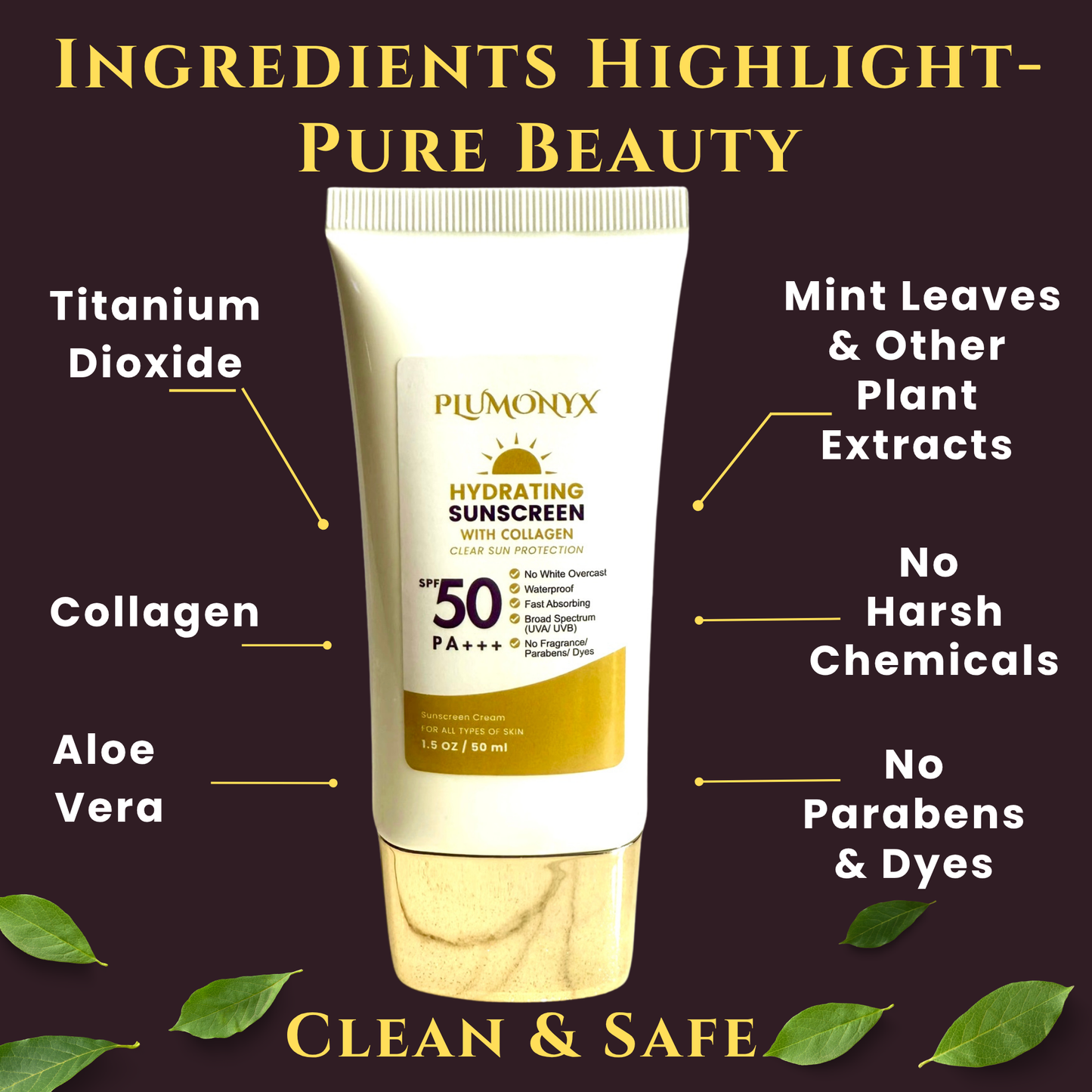 Mineral Sunscreen SPF 50+ | Collagen + Zinc | Reef Safe, No White Cast, Clean & Hydrating Face Protection